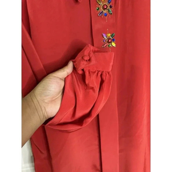 IMPRESSIONS OF CALIFORNIA Vintage Peasant Sleeve Blouse Red Satin Bling Sz 10 - Picture 6 of 9